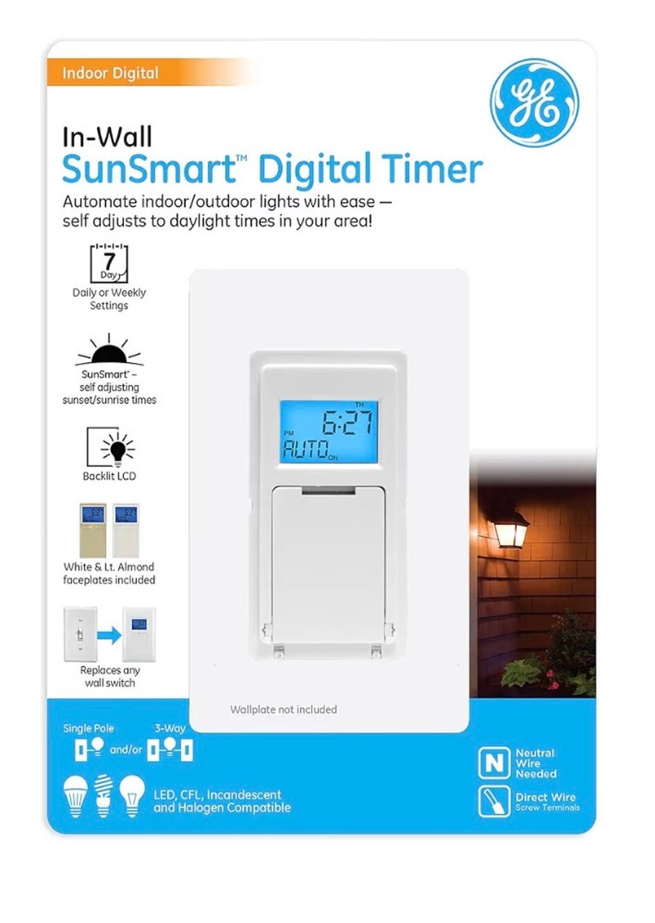 Open box GE SunSmart 7-Day In-Wall Digital Timer Switch, Auto Sunrise/sunset